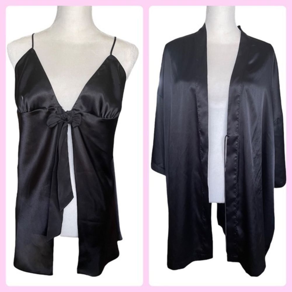 Victoria’s Secret Black Silk Open Tie Front Top Nighty & Robe - Size XL